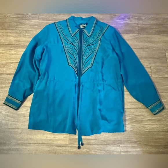 BOB MACKIE 🌟 Wearable Art 100% Silk Vintage wind breaker, emerald green, teal M - Picture 1 of 9